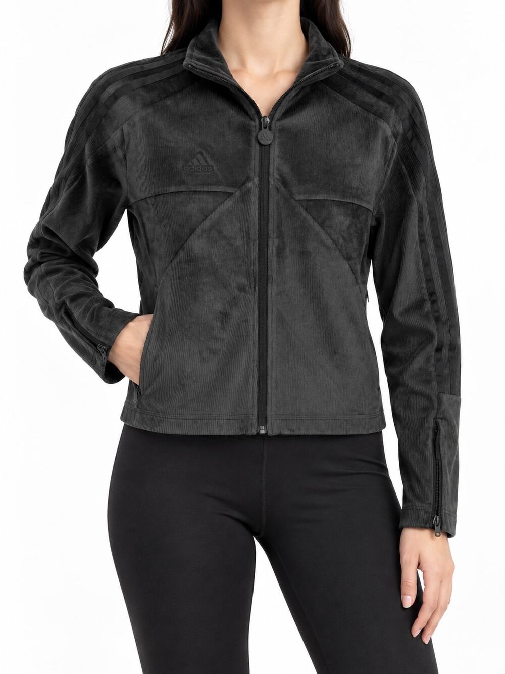 adidas Women's Velour Ribbed Cropped Track Jacket Black Full Zip XS Athleisure